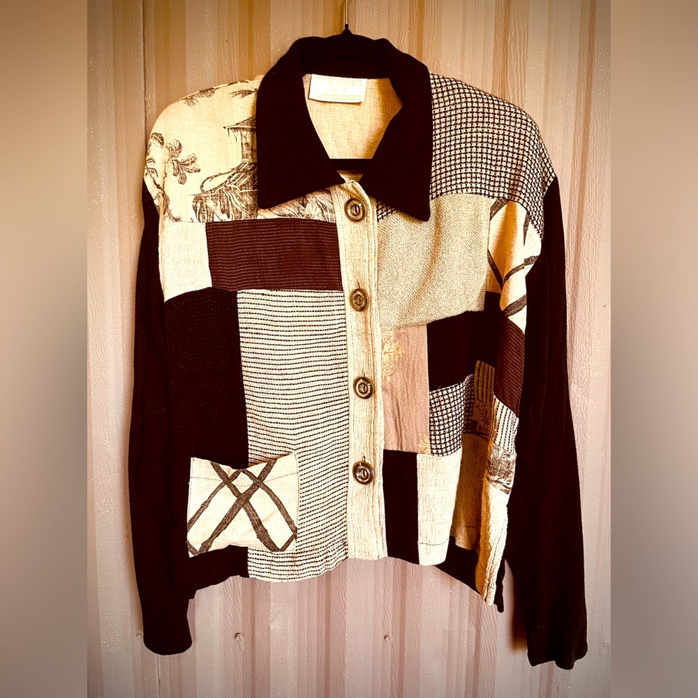 Rare VTG 90s Spencer Alexis Neutral Patchwork Top all natural material sz 14 L